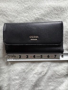 Guess Black Pebbled Leather Trifold Wallet with Gold Accent